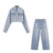 High Waisted Straight Leg Jeans And Rhinestone Short Denim Jacket American Style Two-Piece Outfit For Women_mkmklike.com