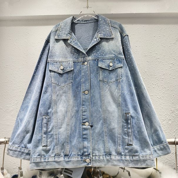 Women's Clothing Heavy Hot Diamond Loose Denim Jacket New Style High End Shiny Full Diamond Large Version Casual Top_mkmklike.com