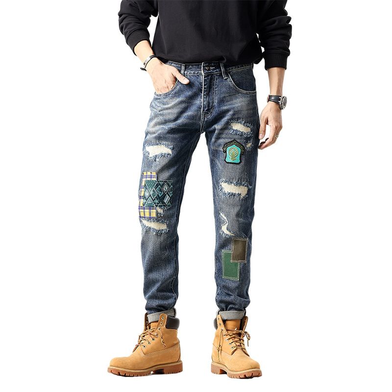 Men's Distressed Denim Jeans With Patchwork Embroidery - Straight Leg High Street Casual Pants For Urban Style_mkmklike.com
