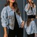 Women's Patchwork Snake Print Denim Jacket, Vintage Washed Distressed Cropped Jean Coat, Long Sleeve Button Down Casual Outerwear For Daily Streetwear_mkmklike.com