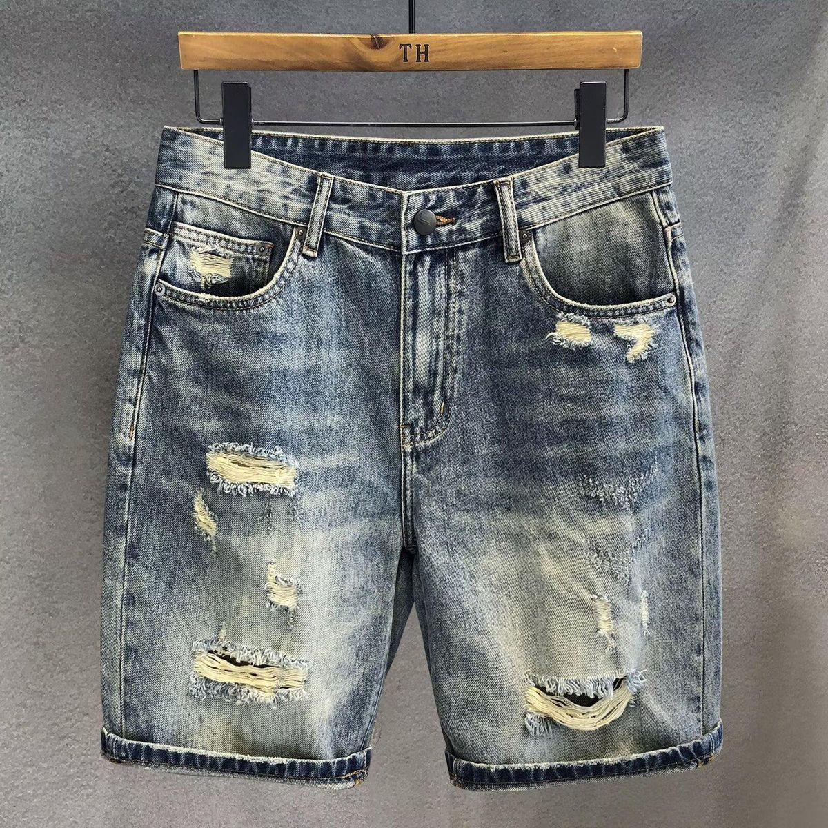 Hong Kong Version High-end Cotton Texture Vintage Washed Ripped Denim For Men, Summer Thin Straight-leg Knee-length_mkmklike.com