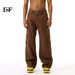 EF JEANS | 2024 New Vintage Simple Large Pocket Color Semi-elastic Waist Overalls Coffee Jeans_mkmklike.com
