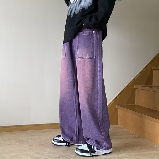 American Retro Purple Jeans Washed And Old Loose Straight Wide Legs Piled Large Size Trousers_mkmklike.com