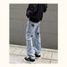 Men's Ice Blue Lightning Embroidered Jeans - Slim Fit Straight Leg & Slight Flare Denim Pants For Summer, Retro High Street Style_mkmklike.com