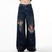 Men's Clothing Retro Distressed Beggar Hole Design Mopping Washed Jeans Niche High Street Loose Versatile Wide Leg Pants_mkmklike.com