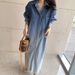 ELLE ELLE In Stock Korean Autumn Niche Design Turn-Down Collar Single-Breasted Color-Block Washed Denim Dress For Women_mkmklike.com