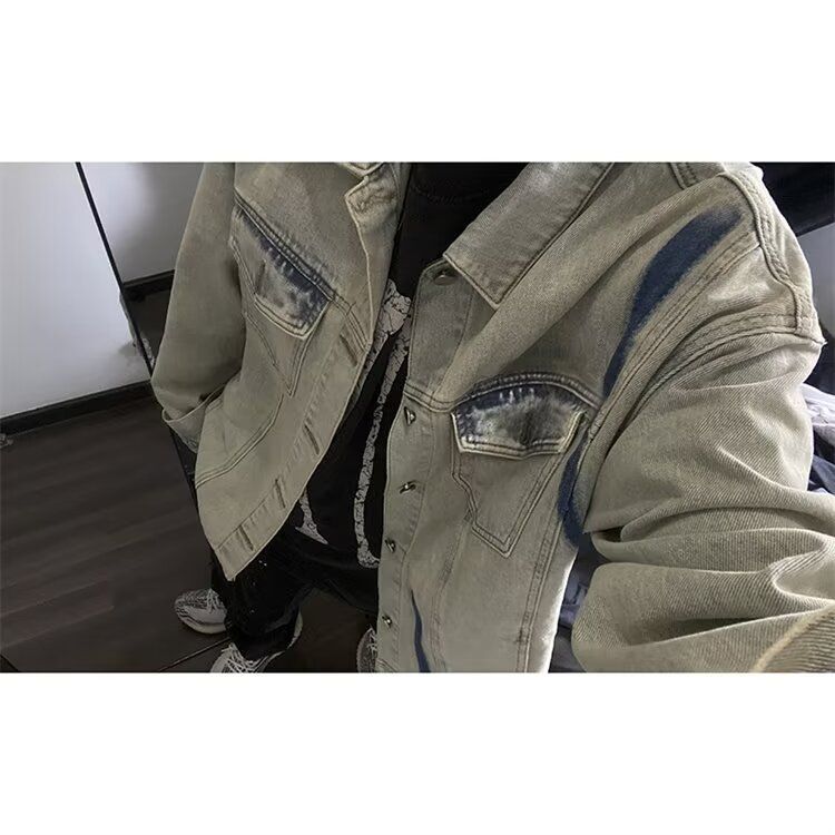 Yellow Mud Dyed American Washed Denim Jacket For Men In Spring And Autumn Fashion_mkmklike.com