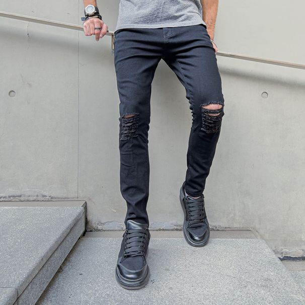 Men's Clothing New Style Pure Black Slim Fit Elastic Knee Ripped Jeans Men's Pants Trendy_mkmklike.com