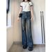 American Retro Washed Blue Micro-flared Jeans For Women, Spring High-waisted Slimming Straight Elastic Wide-leg Long_mkmklike.com