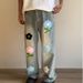 Men's Clothing Retro Tie Dye Towel Embroidery Flared Jeans Niche Design Loose Straight Vibe Trousers_mkmklike.com