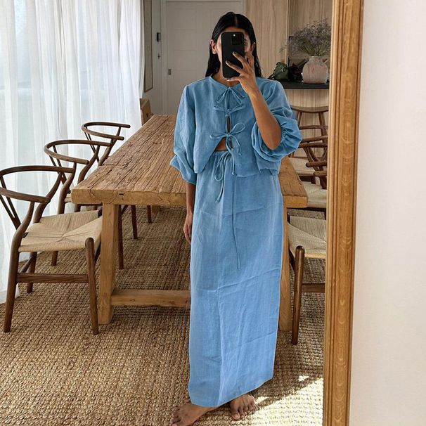 Women's Clothing new retro tea style outfit a complete set of puff sleeve shirt suit summer women's skirt_mkmklike.com