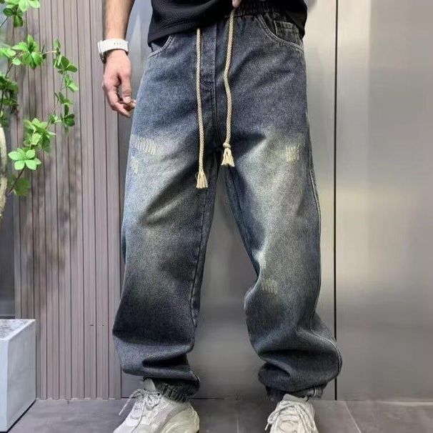 Men's Plus Size Ripped Straight Leg Jeans American Casual Retro Gradient Washed Denim Wide Leg Drape Low Waist Long Spring Style_mkmklike.com