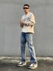 Unisex Retro Patchwork Embroidered Distressed Jeans - Relaxed Straight Fit, Raw Hem Detailing (Blue Wash & Black)_mkmklike.com