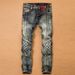 Men's Retro Slim Fit Straight Leg Stretch Jeans Trendy Long Pants Motorcycle Casual Fashion Polyester Standard Thickness_mkmklike.com