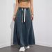 High Waist Drawstring Elastic Waist Denim Skirt Women's A- Line Cotton Denim Skirt Vintage Style Slimming Loose Fit Skirt_mkmklike.com