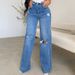 Women's Clothing New Style Ripped Denim Trousers High Waisted Loose Straight Leg Drapey Wide Leg Floor Length Trousers_mkmklike.com