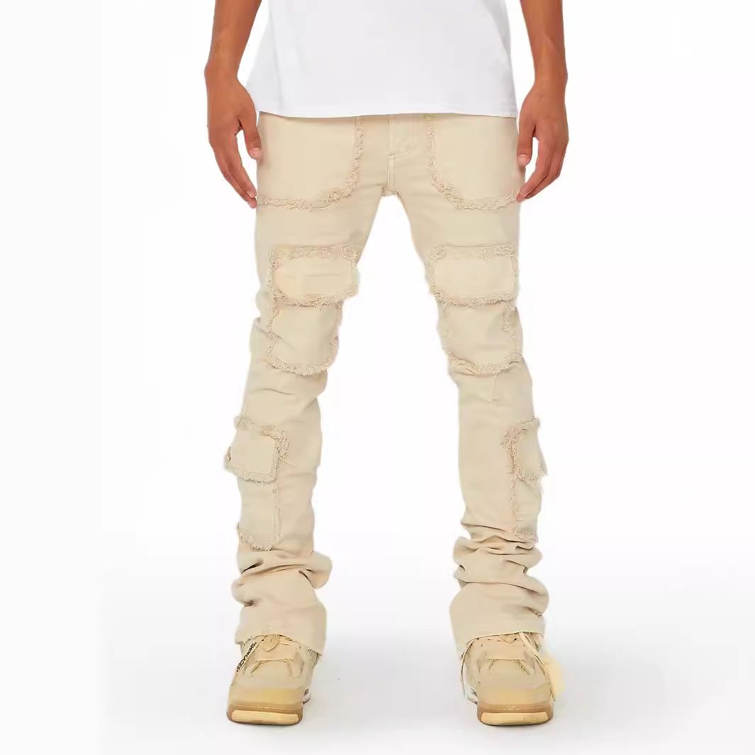 Cargo Straight European And American Fashion Ins Hot Elastic Patchwork Denim Layered Flared Men's Pants_mkmklike.com