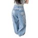 Women's Wide Leg Jeans High Waisted Street Style Retro Embroidered With Letters And Flowers Loose Fit Floor Length Y2K Trousers_mkmklike.com