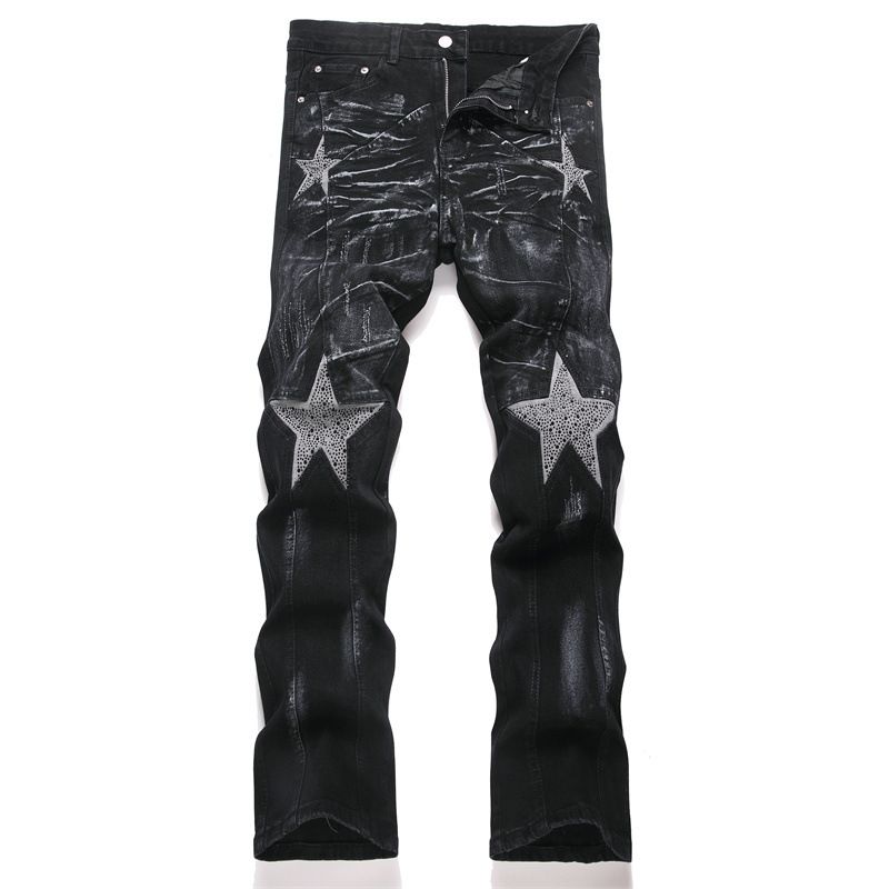 Men's Slim Fit Stretch Black Fashion Straight Denim Jeans With Micro Flare & Patchwork Design Punk_mkmklike.com