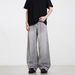 Unisex Smoky Gray Solid Color High Waist Straight Leg Jeans Loose Wide Leg Floor Length Versatile Long Pants American Retro High Street Style_mkmklike.com