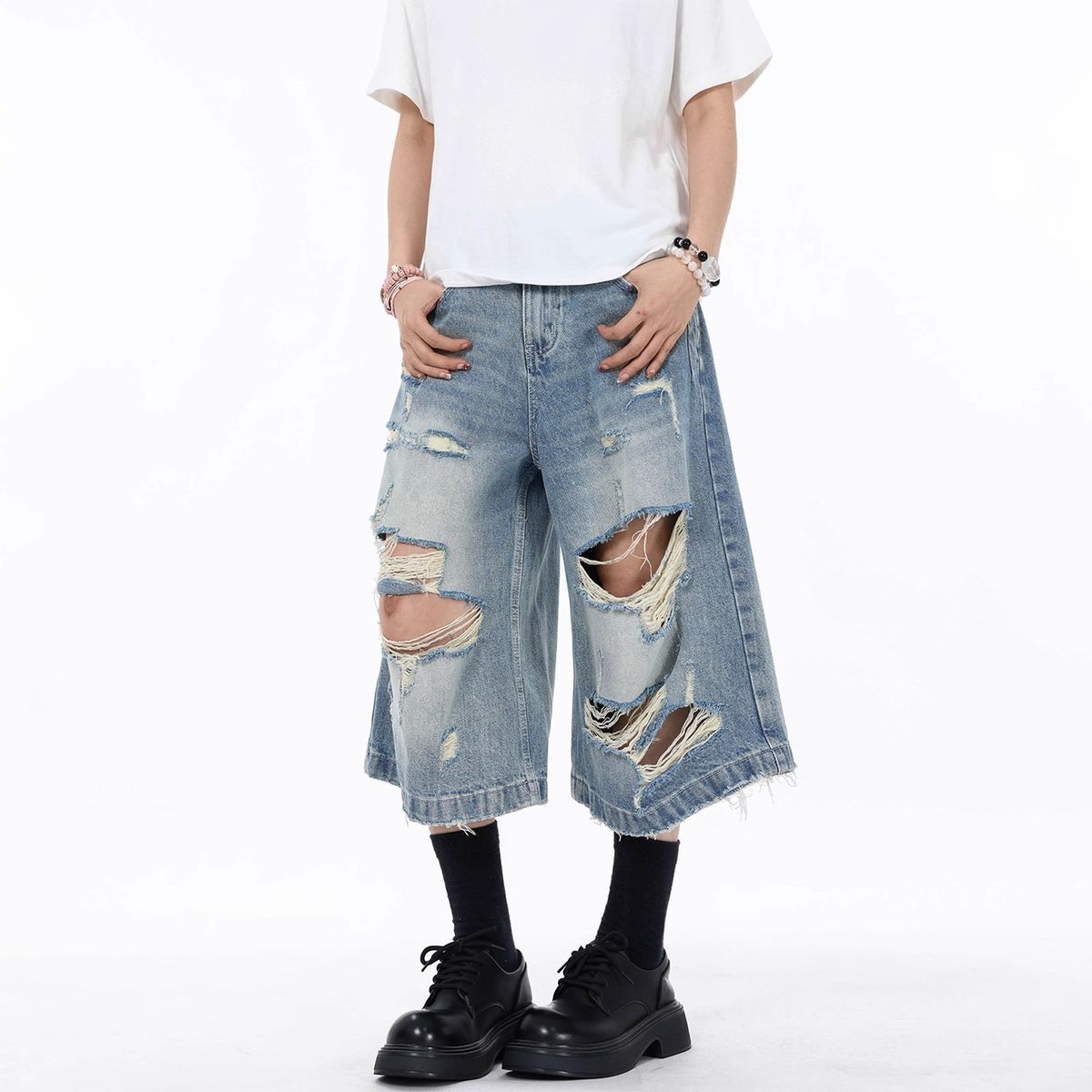 "Men's Distressed Ripped Jeans – Vintage Washed Cropped Denim, Loose Fit Streetwear (Edgy Punk Style, Summer Casual, Retro Grunge Look)"_mkmklike.com