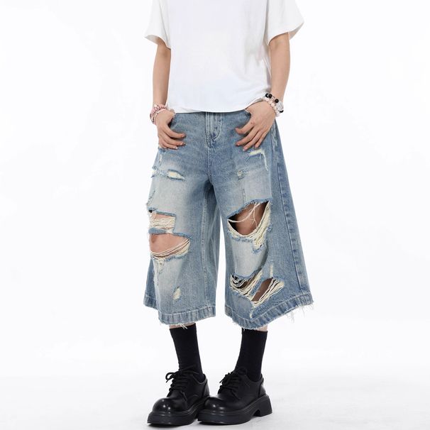 "Men's Distressed Ripped Jeans – Vintage Washed Cropped Denim, Loose Fit Streetwear (Edgy Punk Style, Summer Casual, Retro Grunge Look)"_mkmklike.com