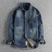 Men's Clothing Sleeve Patch Stitching Heavy Washed Distressed Retro Denim Shirt Loose Stiff Trendy Youth Shirt_mkmklike.com
