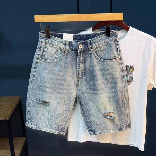 Men's Ripped Denim Shorts Trendy Thin Straight Leg Mid Length Pants Summer Style Loose Fit Five Point High Street Cool And Stylish_mkmklike.com