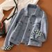 Women's Casual Checkered Denim Jacket - Relaxed Fit Oversized Green & Blue Plaid Spring/Fall Coat With Polo Collar_mkmklike.com