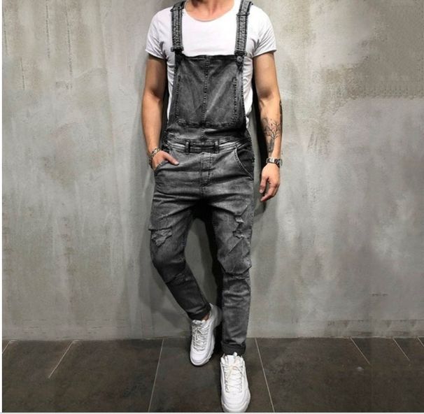 Men's Clothing Fashion Men's Strappy Denim Rompers Ripped Jeans Trousers Trendy Pop Work Clothes_mkmklike.com
