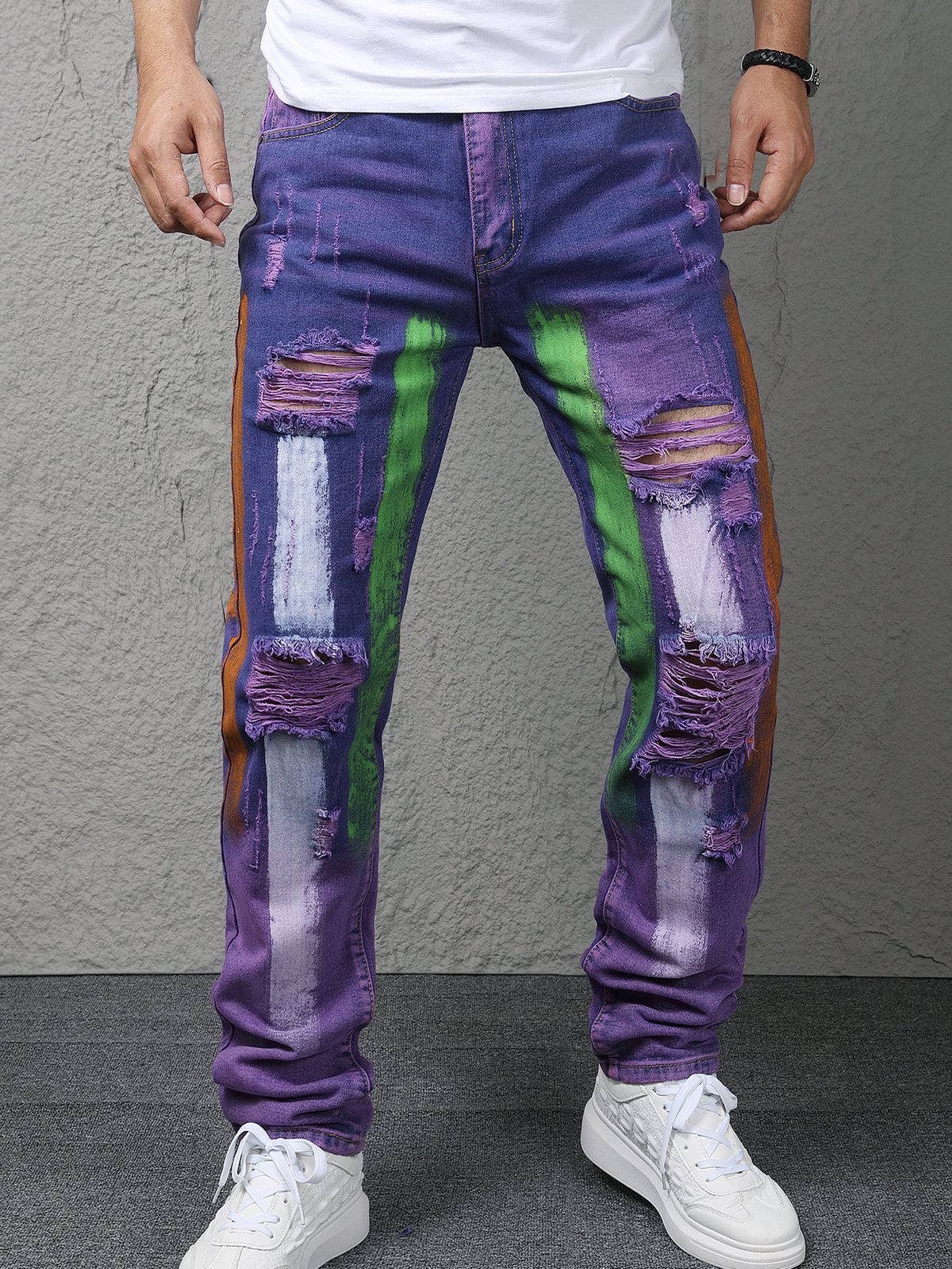 Men's Purple Distressed Skinny Jeans – Vintage Washed Denim Pants With Paint Splatter & Handmade Rips For Urban Streetwear_mkmklike.com