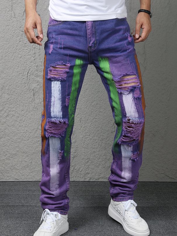 Men's Purple Distressed Skinny Jeans – Vintage Washed Denim Pants With Paint Splatter & Handmade Rips For Urban Streetwear_mkmklike.com