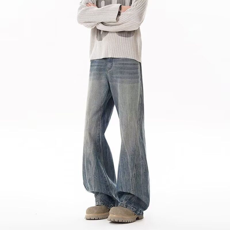 Men's Clothing Washed Blue High Street Fashion Straight Leg Denim Pants With Vintage Lightning Wash | Relaxed Fit, Mid Rise, Button Fly (Blue, Black)_mkmklike.com