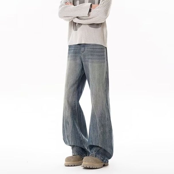 Men's Clothing Washed Blue High Street Fashion Straight Leg Denim Pants With Vintage Lightning Wash | Relaxed Fit, Mid Rise, Button Fly (Blue, Black)_mkmklike.com