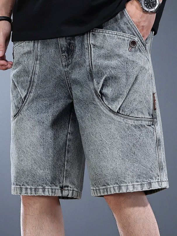 Men's Heavyweight Denim Shorts Summer Washed Distressed Retro Loose Trendy Workwear Mid Length Pants_mkmklike.com