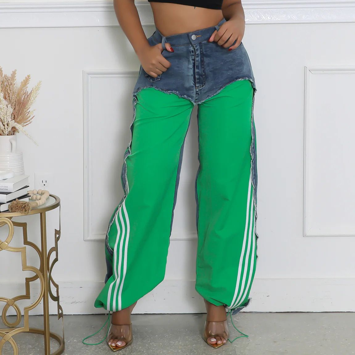 Women's Clothing Fashion Street Stitching Design Striped Bar Retro Drawstring Jeans_mkmklike.com