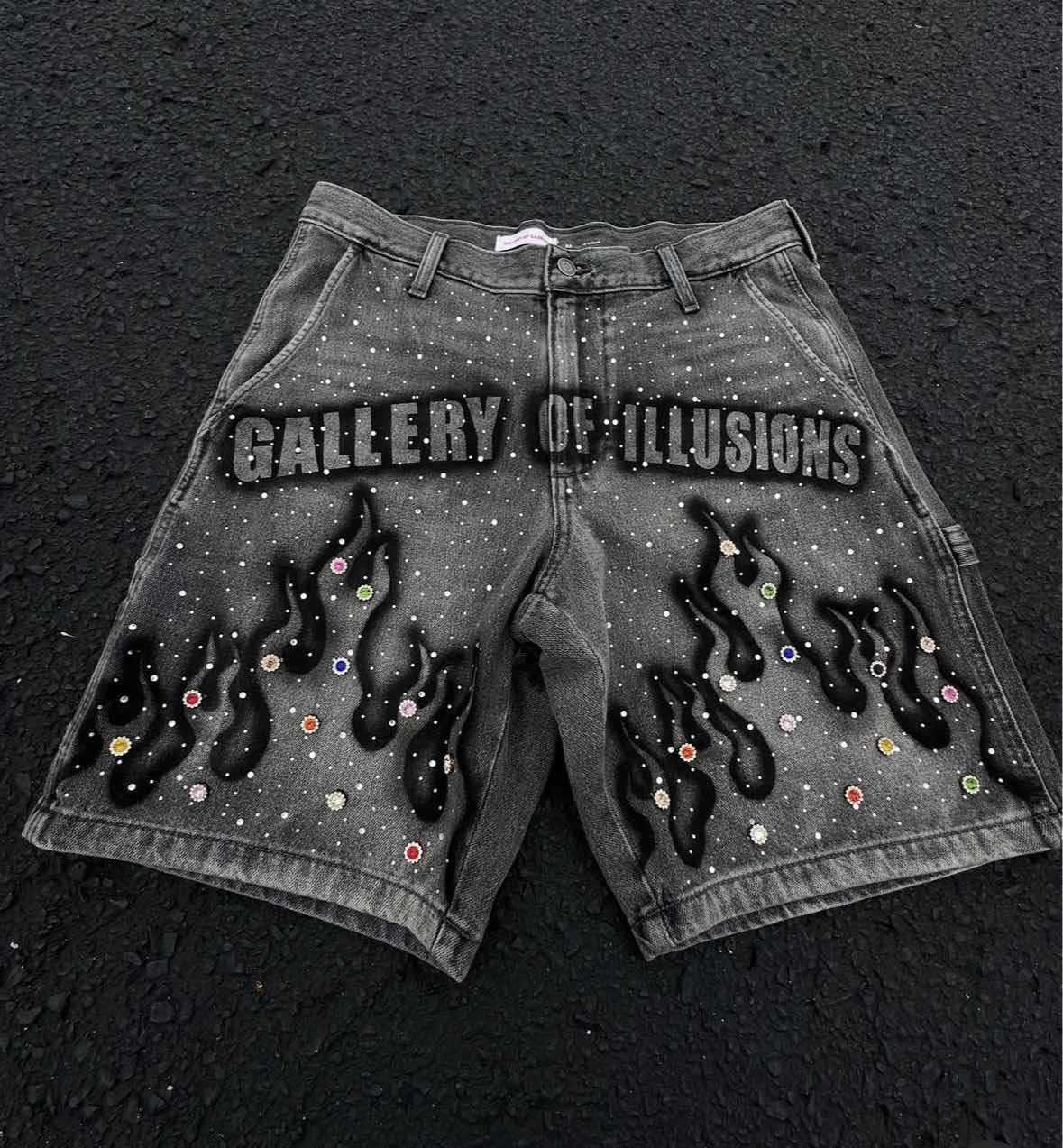 Men's Clothing Summer New Washed Black And Gray Men's Denim Shorts Slim Fit Elastic Ink Splash Hole Patch Shorts_mkmklike.com
