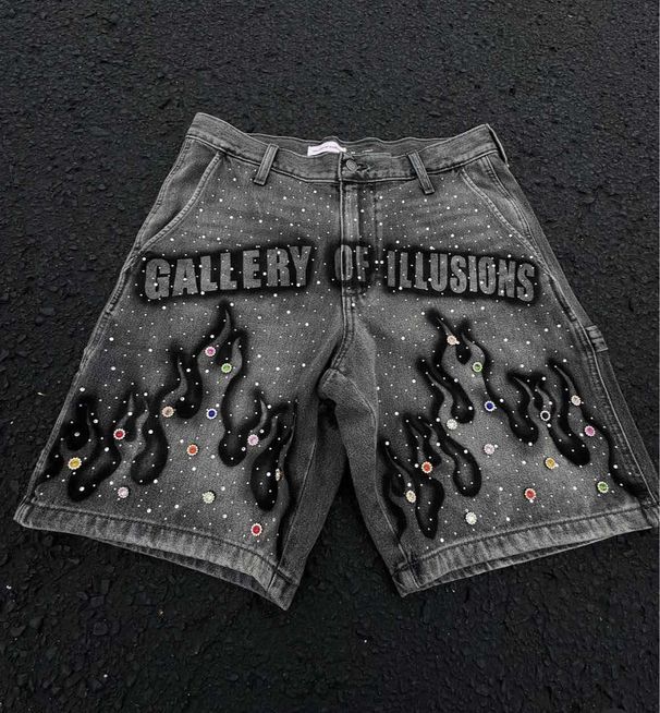 Men's Clothing Summer New Washed Black And Gray Men's Denim Shorts Slim Fit Elastic Ink Splash Hole Patch Shorts_mkmklike.com