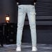 Men's Stretch Slim Fit Denim Jeans With Patchwork & Ripped Details For Casual Streetwear_mkmklike.com