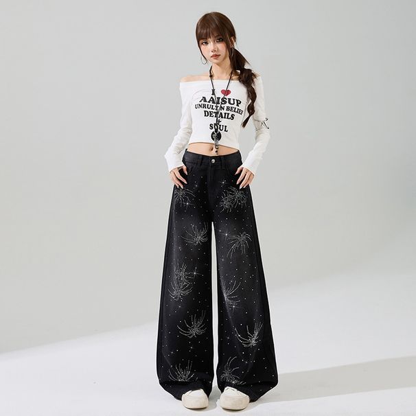 2026 Spring New Fashion Women's High-Waisted Slimming Denim Pants With Sparkling Rhinestones, Versatile Floor-Length_mkmklike.com