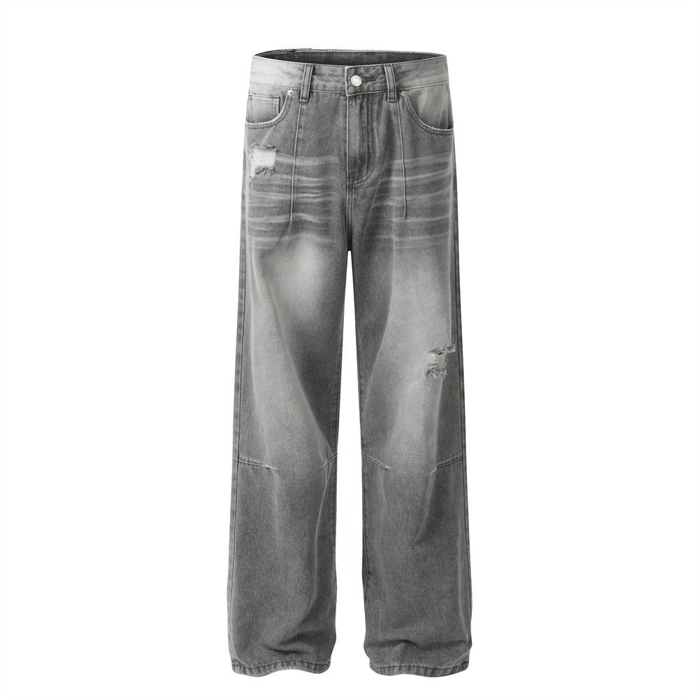 Washed Gradient Denim Straight-Leg Men's Street Fashion Punk Distressed Loose Casual Wide-Leg Dad Pants_mkmklike.com