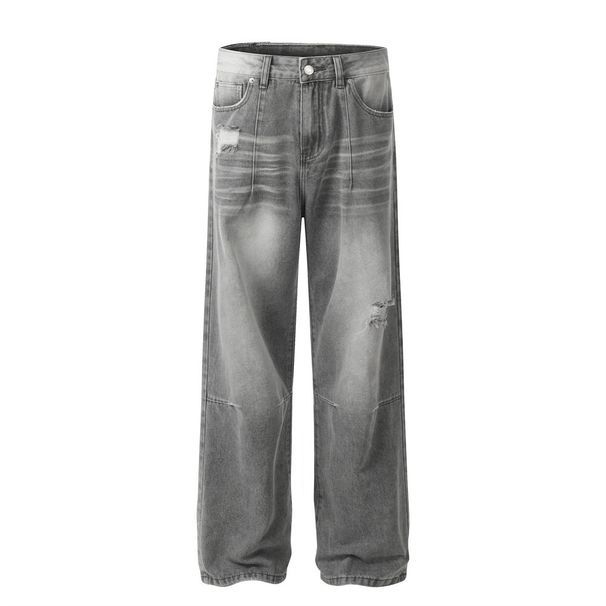 Washed Gradient Denim Straight-Leg Men's Street Fashion Punk Distressed Loose Casual Wide-Leg Dad Pants_mkmklike.com