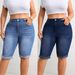 Plus Size Washed Blue Stretch Denim Shorts, Mid Waist Slimming Rolled Up Shorts, Cross Border Wholesale_mkmklike.com