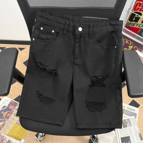 Men's Clothing High Street Solid White Ripped Denim Shorts Men's Straight Half Pants Summer Thin Mid Length Pants_mkmklike.com