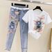 Women's Version Heavy Beaded Embroidery Short Sleeve + Skinny Ripped Jeans Suit For Women_mkmklike.com