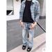 Men's Clothing Ice Blue Faded Lightning Pattern Vintage Washed Jeans Cleanfit Distressed Flared_mkmklike.com