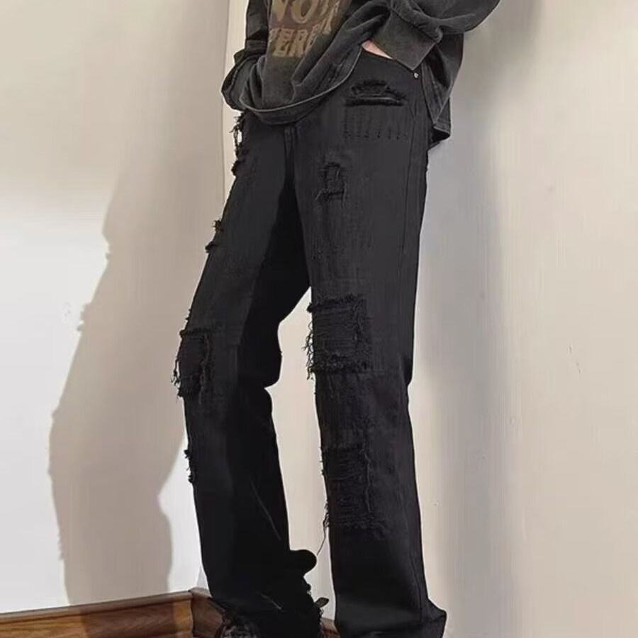 Men's Clothing Men's Ripped Wide Leg Jeans Hip Hop Loose Straight Leg Pants Spring Autumn Lazy Style Outerwear_mkmklike.com