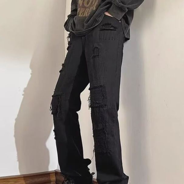 Men's Clothing Men's Ripped Wide Leg Jeans Hip Hop Loose Straight Leg Pants Spring Autumn Lazy Style Outerwear_mkmklike.com