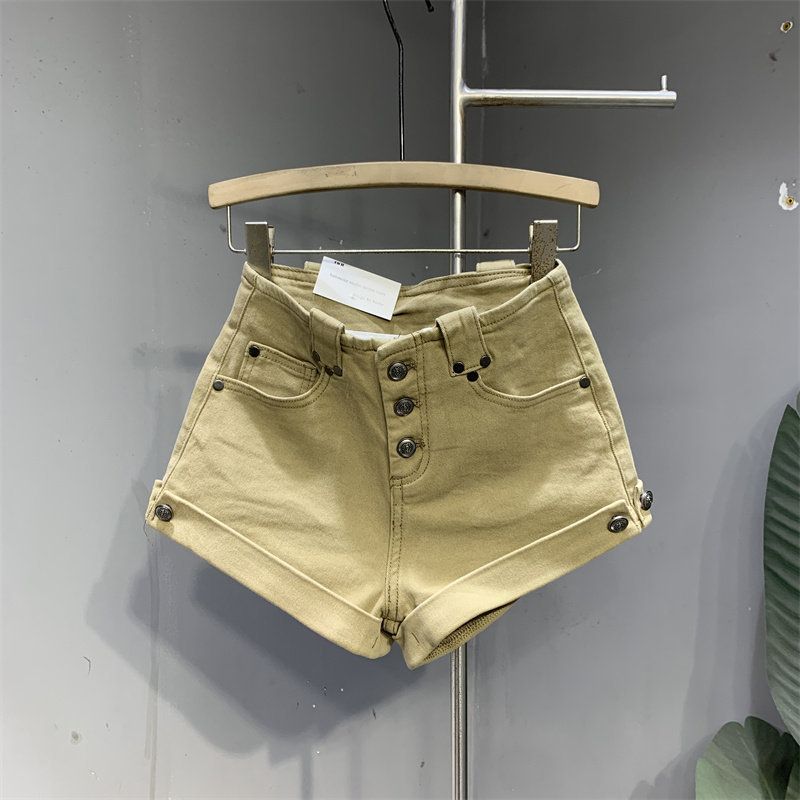 Women's High-Waisted Stretch Denim Shorts Solid Color Casual Slim Fit Button Design Stylish Rolled up Hem Versatile_mkmklike.com