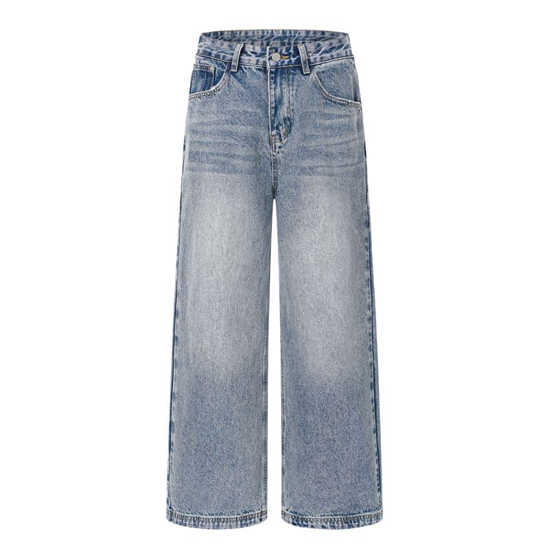 Retro Blue Straight Leg Jeans Trendy American Street Style for Men And Women Slimming Washed Casual Normcore Three Dimensional Long Pants_mkmklike.com
